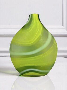 Vintage Sand Blasted Round Vase Green Yellow Waves Swirls Art Glass - 11" Tall